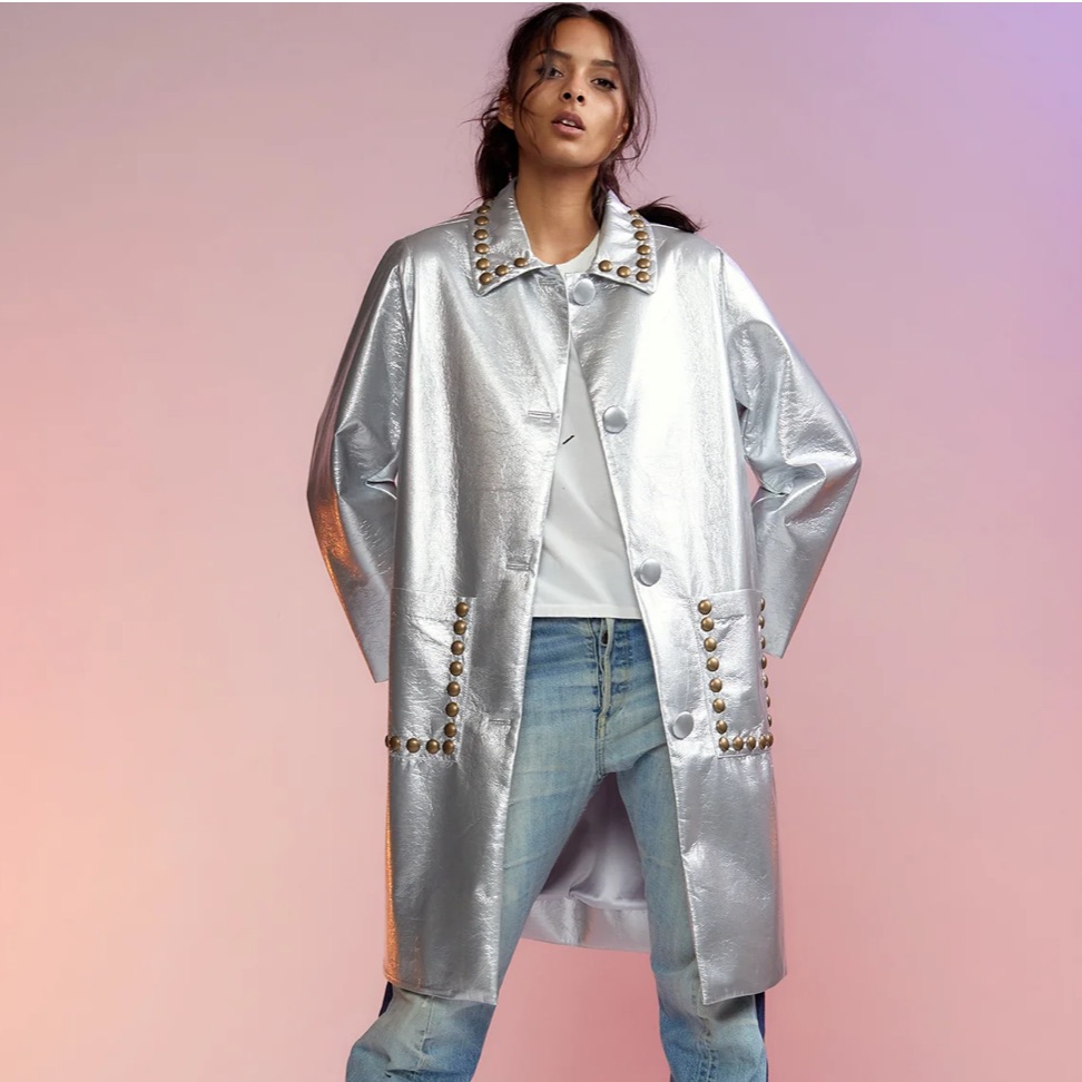 Silver Studded Vegan Leather Coat